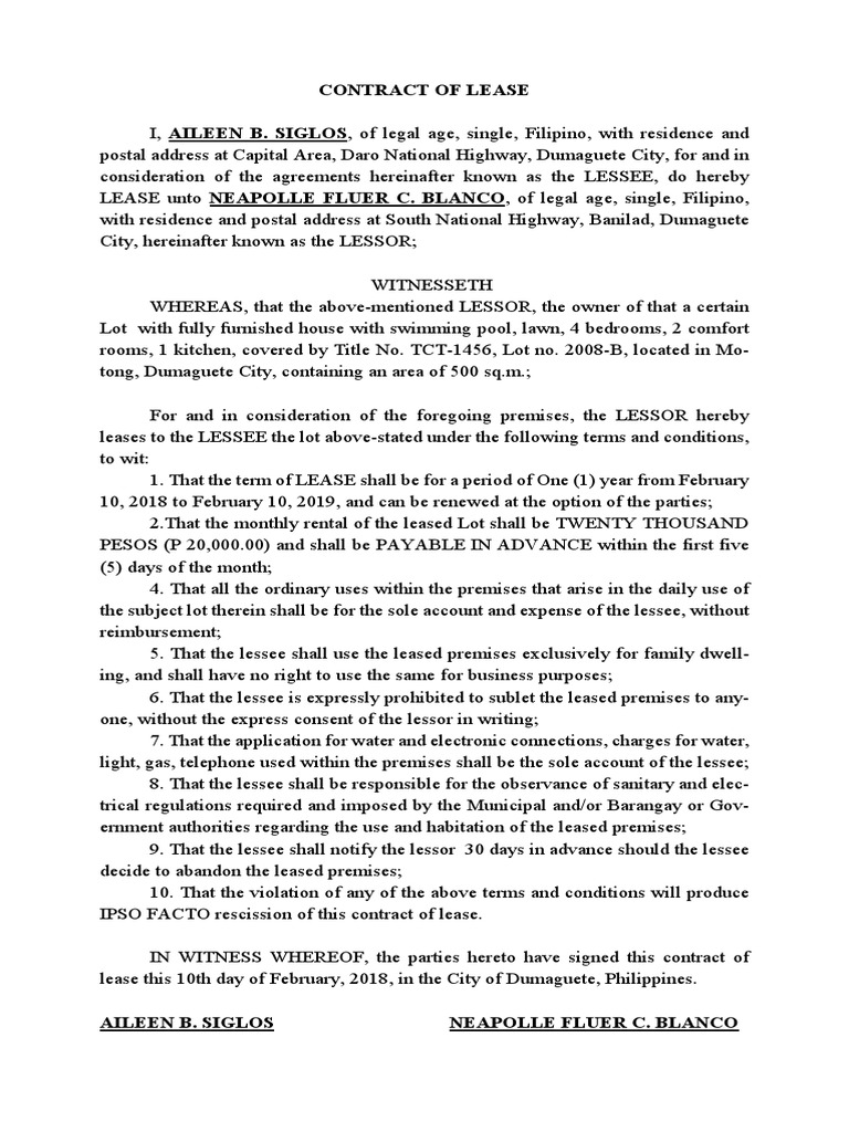 Contract of Lease PDF Lease Government