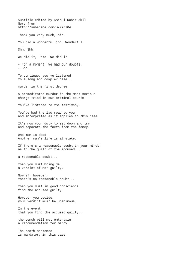 12 Angry Men 1957 Transcript | PDF | Witness | Reasonable Doubt