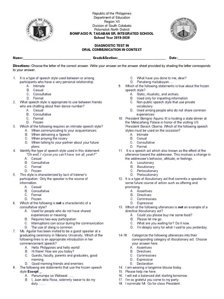 Diagnostic Test Oralcomm | PDF | Conversation | Nonverbal Communication
