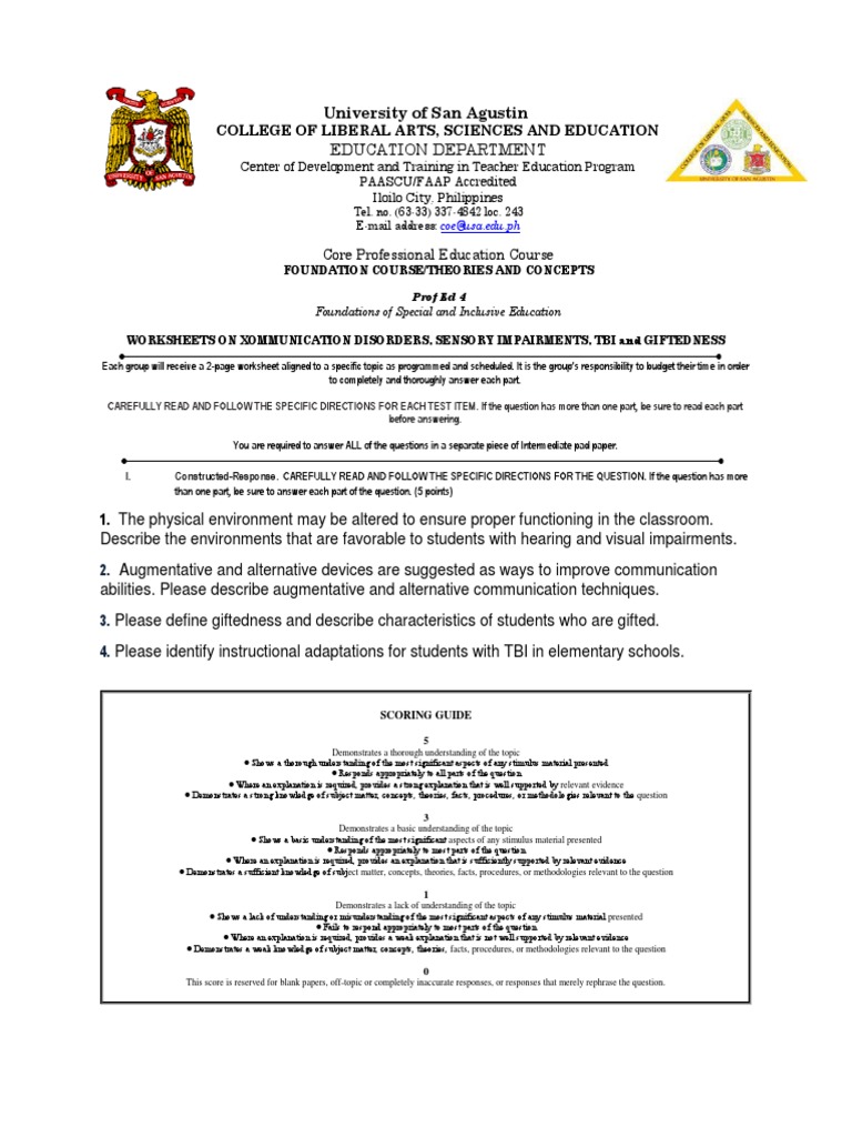 WORKSHEETS ON CD HI VI TBI GIFTdocx | PDF | Intellectual Giftedness ...