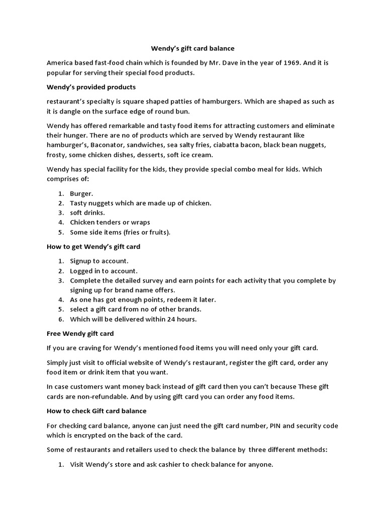 Wendy's Gift Card Balance PDF Gift Card Hamburgers