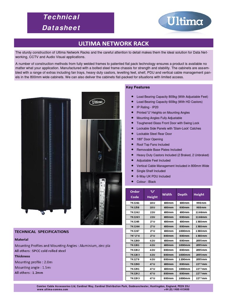 Ultima Network Rack Specifications | PDF | Door | Manufactured Goods