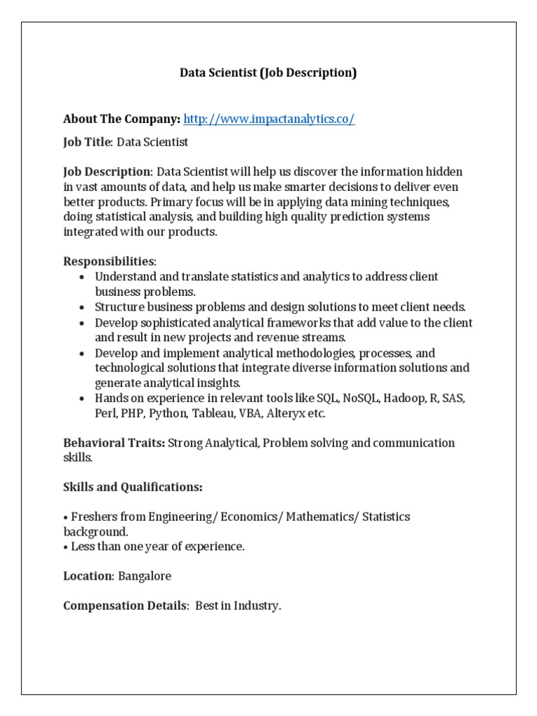 Data Scientist Job Description - Bangalore | PDF | Computers
