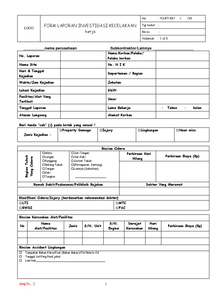 Form Laporan Investigasi Kecelakaan kerja nama Form Laporan Investigasi Kecelakaan kerja nama