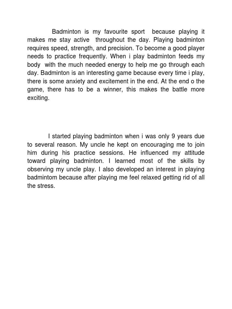 My Favourite Sport: Badminton Essay | PDF | Hobbies | Games Of Physical ...