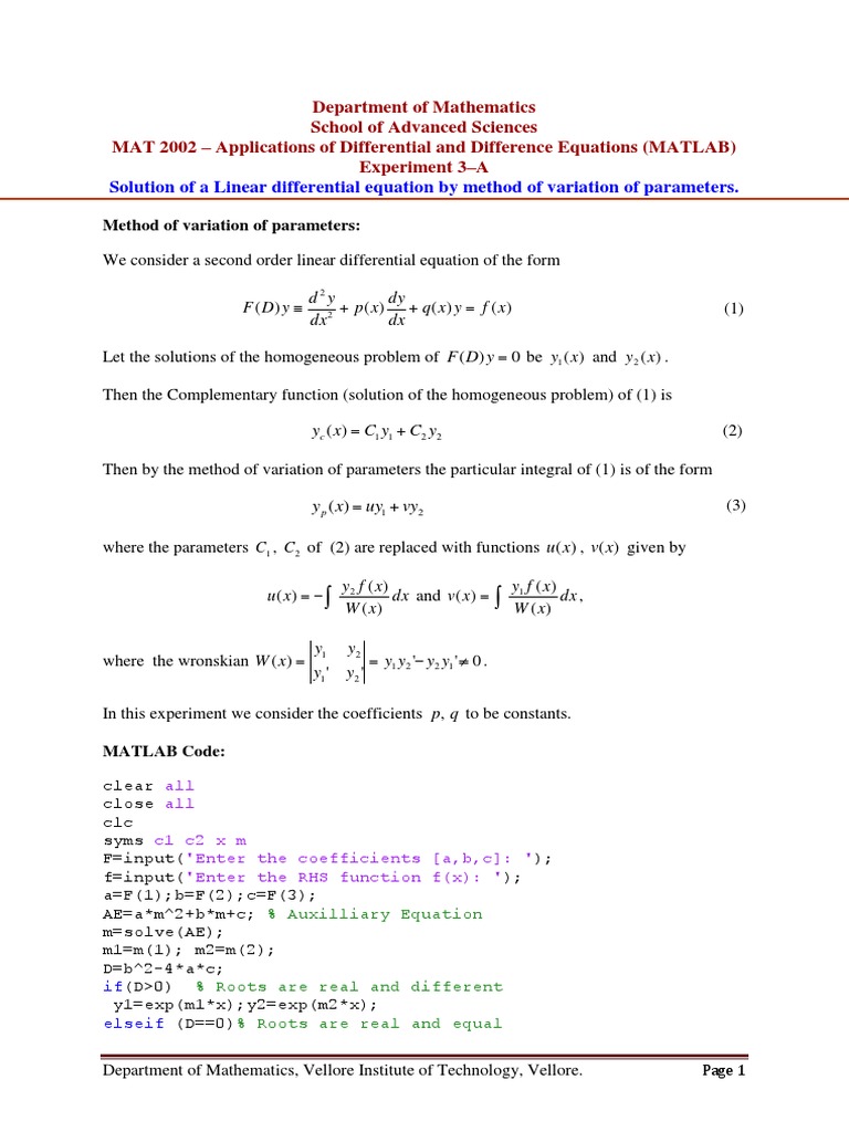 MATLAB for Differential Equations | PDF | Equations | Mathematical Concepts