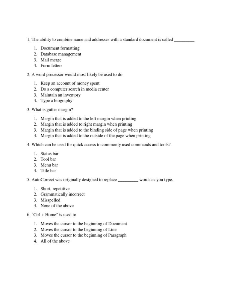 Ms Word 13 Mcq Microsoft Word Page Layout