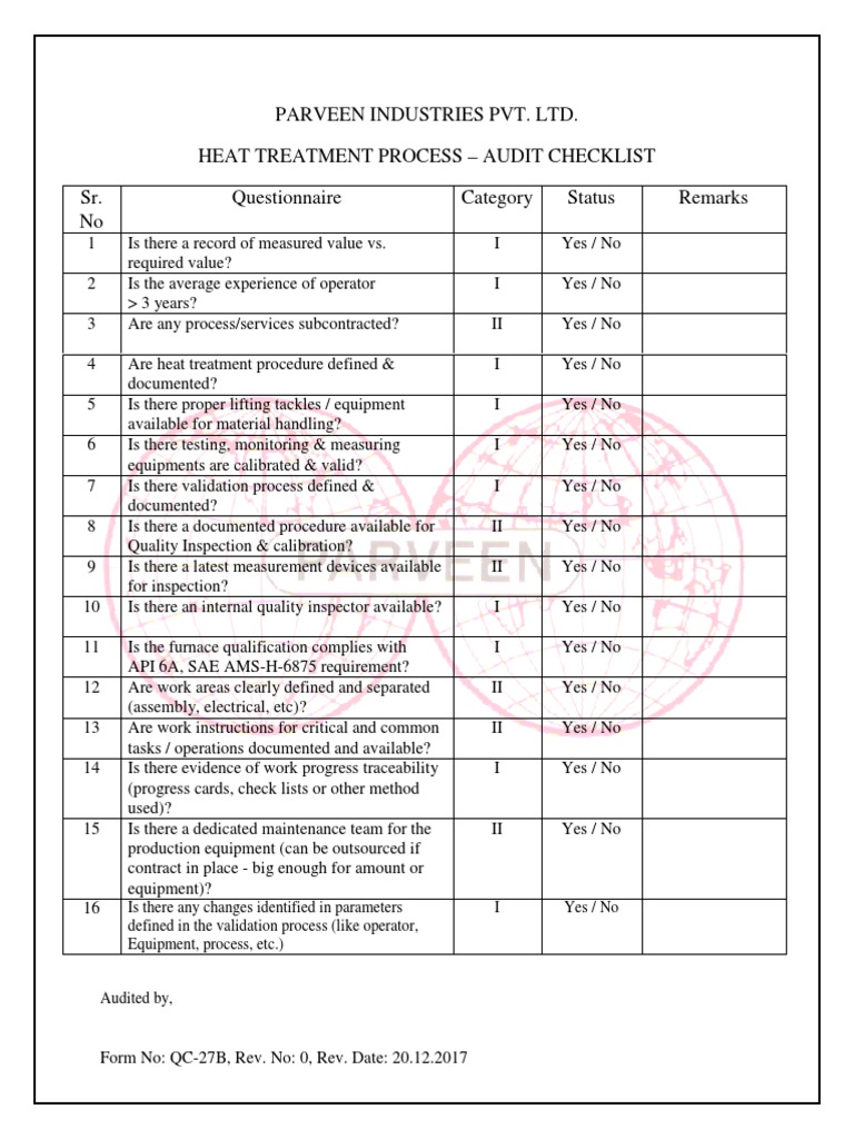 Heat Treatment Audit Checklist | PDF