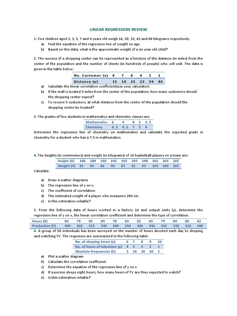 LINEAR REGRESSION EQUATIONS & CORRELATION COEFFICIENTS | PDF ...