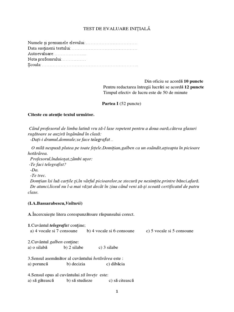 Test Initial Clasa A V-A | PDF