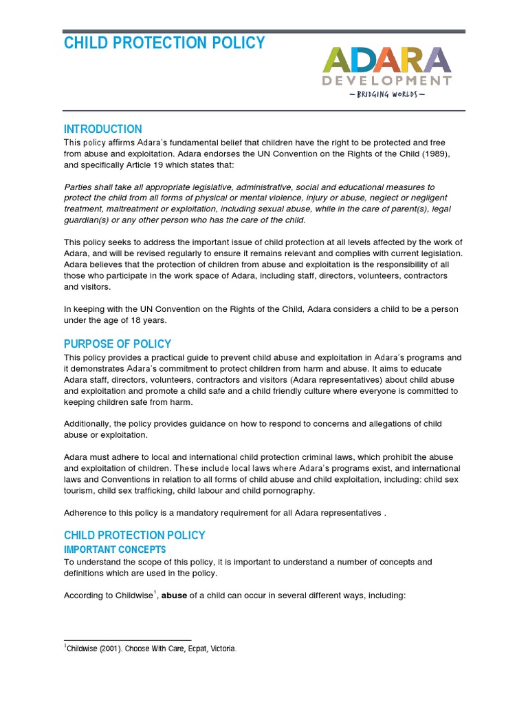 Adara Child Protection Policy Overview | PDF | Child Abuse | Child ...