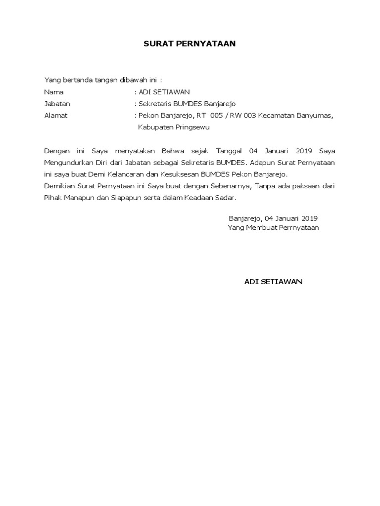 Surat Pernyataan Pengunduran Diri Bumdes