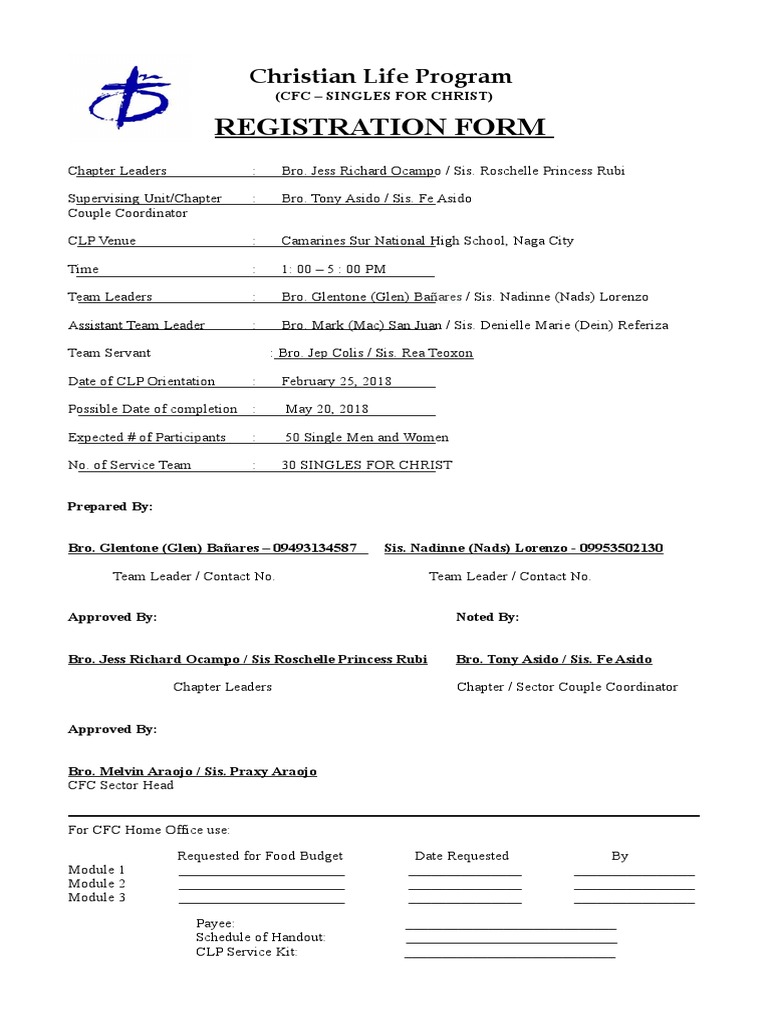 CFC Singles for Christ CLP Registration | PDF | Religious Belief And ...