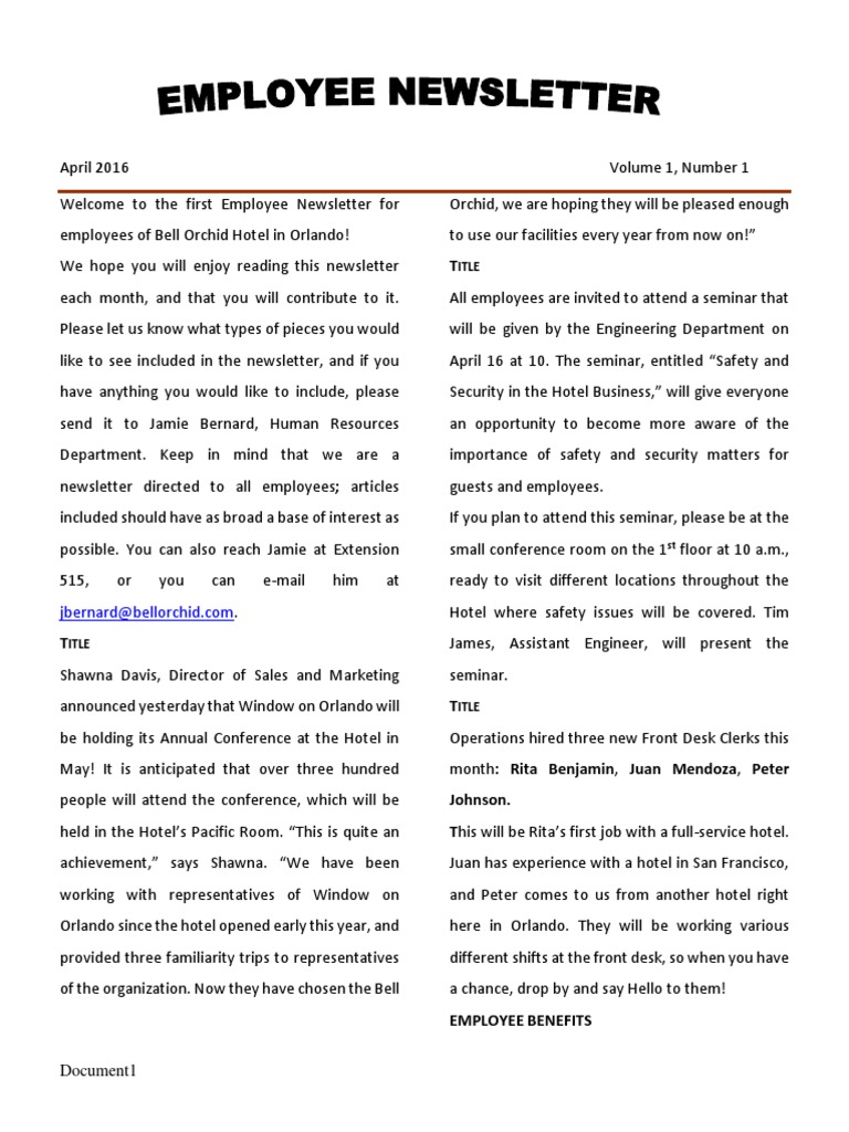 Bell Orchid Hotel Employee Newsletter | PDF | Employee | Business