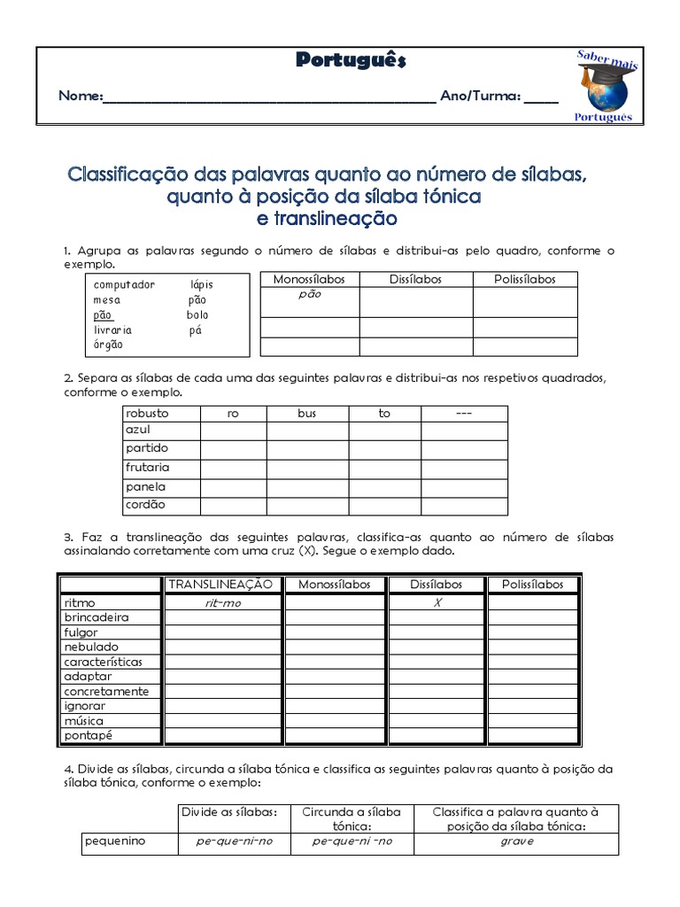 Instruções Separe as Sílabas