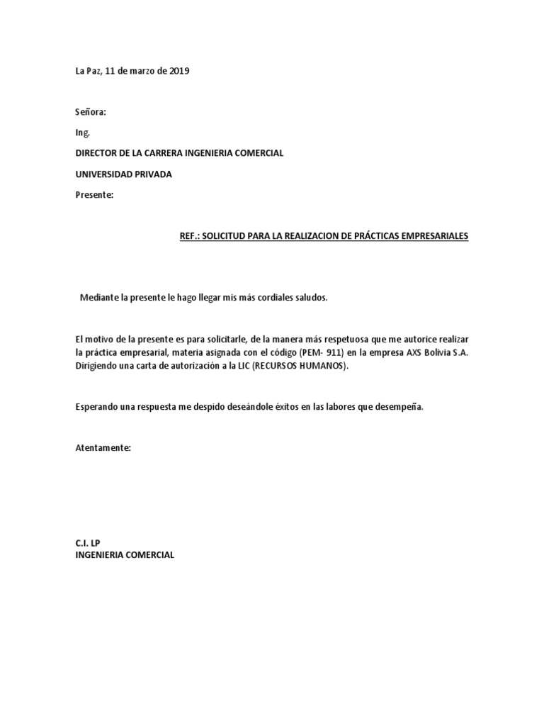 Modelo De Solicitud De Pasantia
