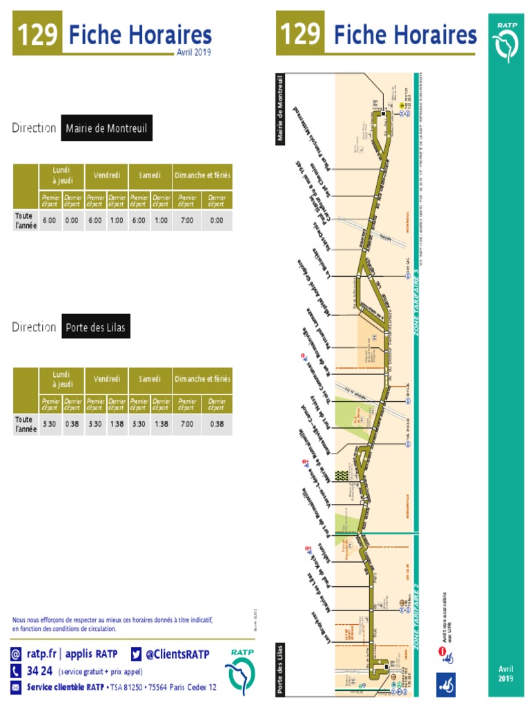 Horaires Bus 249 Direction Porte Des Lilas Fiche Horaire Bus Ratp Ligne 129 | PDF