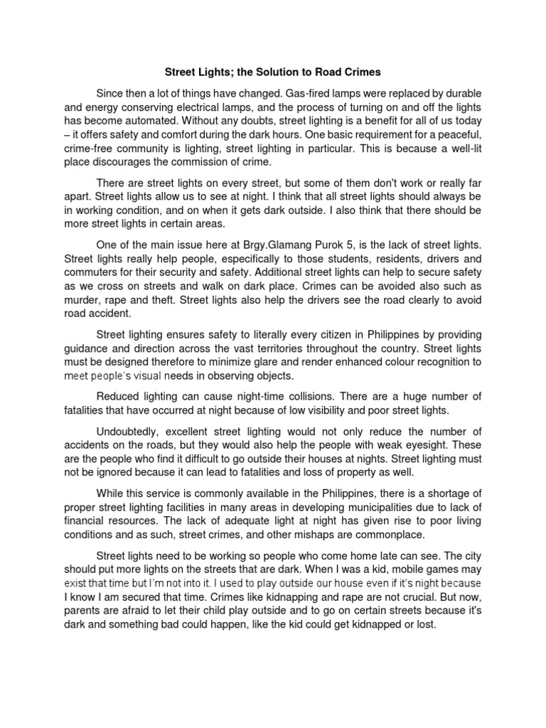 Street Lights The Solution To Road Crimes PDF Street Light Lighting