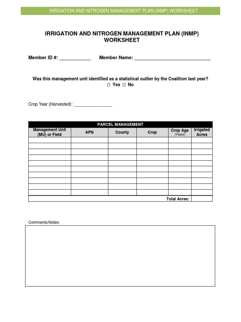 Irrigation and Nitrogen Management Plan (Inmp) Worksheet | PDF ...
