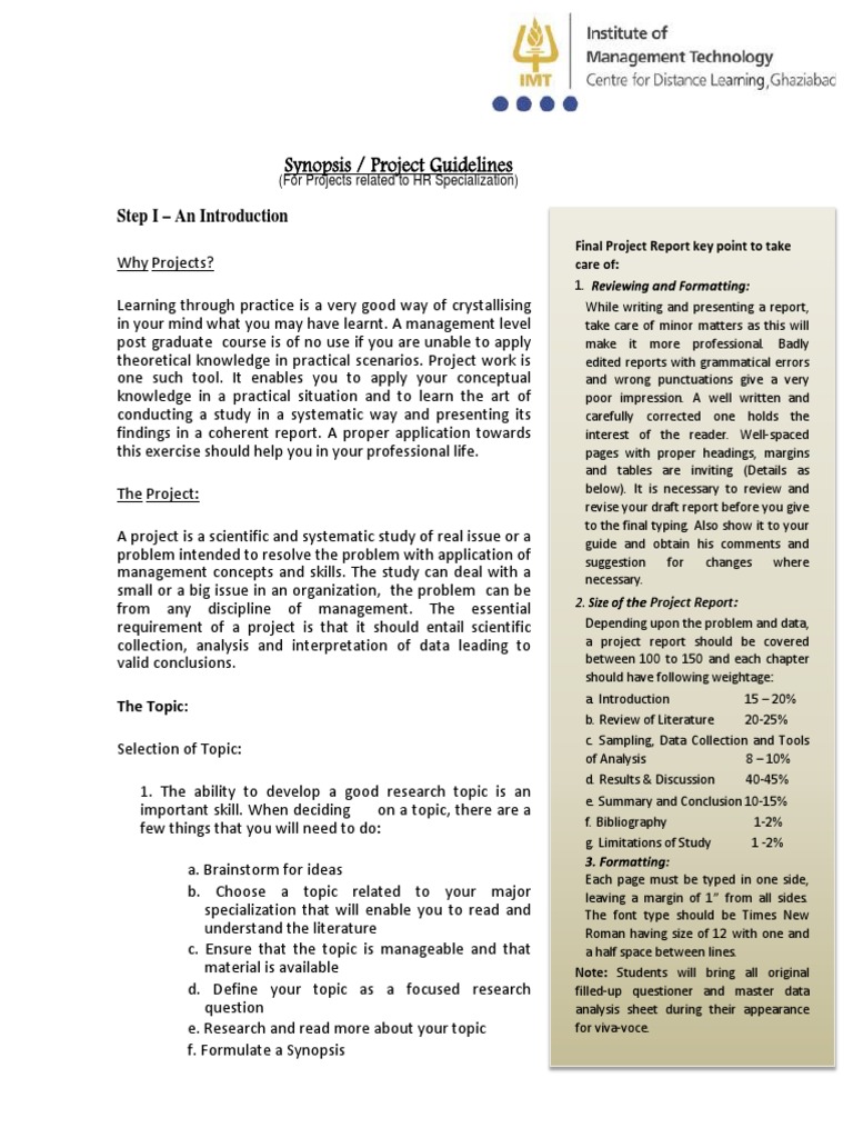 Synopsis / Project Guidelines: Step I - An Introduction | PDF