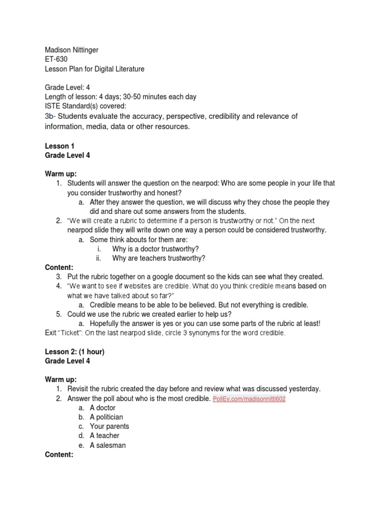 Digital Literacy Lesson Plan PDF Credibility Rubric (Academic)