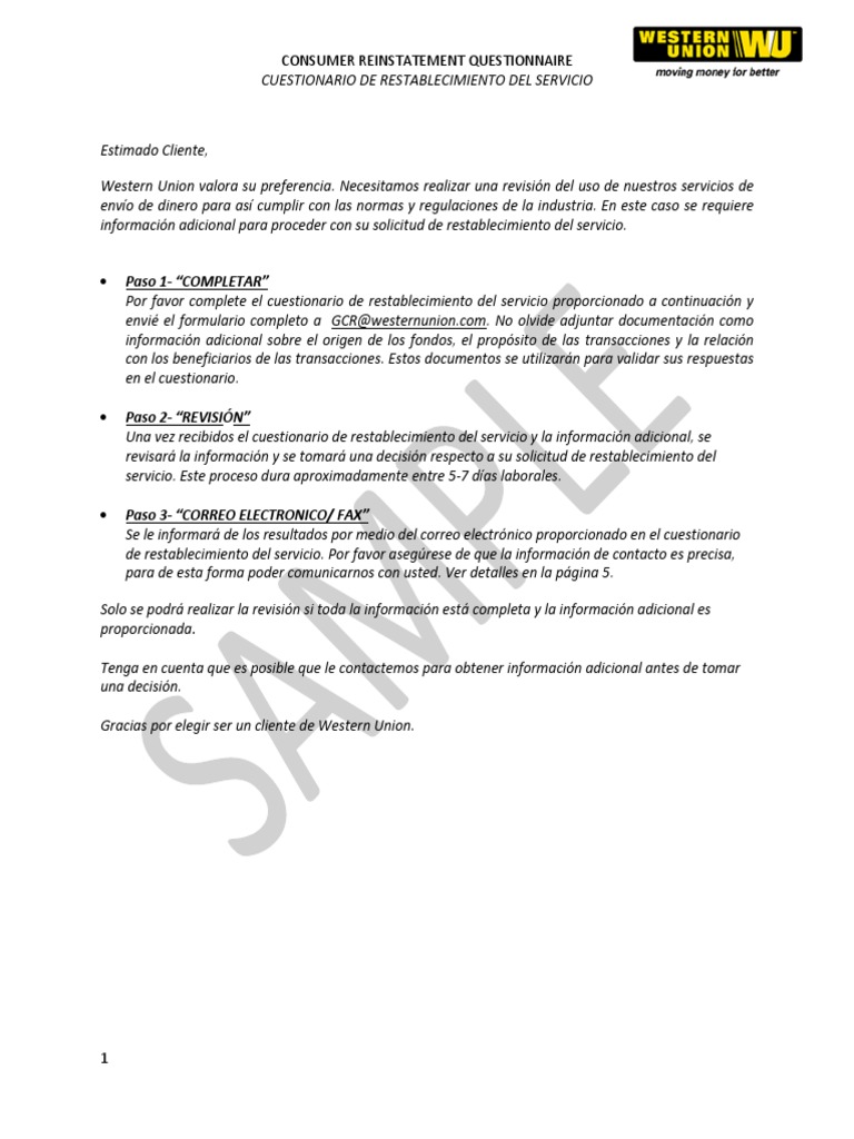 Global Reinstatement Form Spanish PDF Cuestionario Western Union