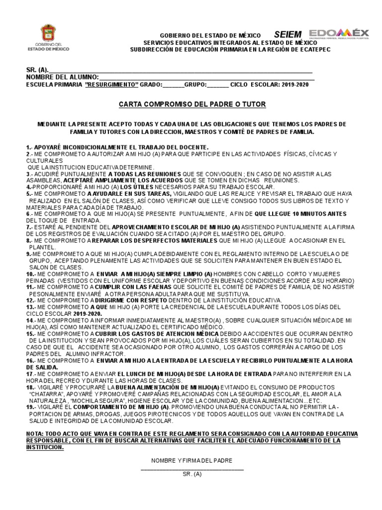 Carta Compromiso para Padres de Familia | PDF | Educación primaria ...