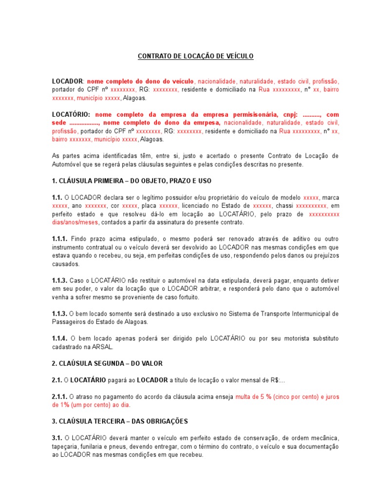 Modelo de Contrato de Locacao Veiculo - Específico | PDF | Economias ...