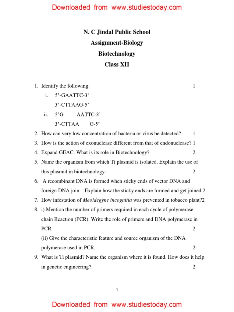 CBSE Class 12 Biotechnology Worksheet PDF Dna Vector