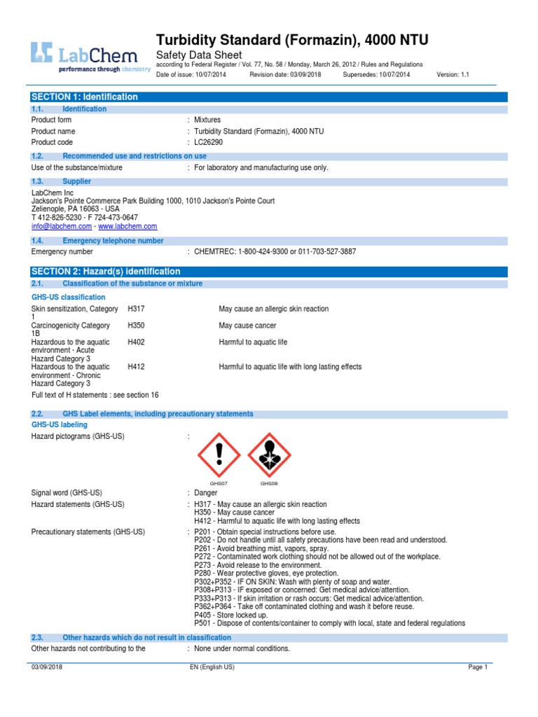 Turbidity Standard (Formazin), 4000 NTU Safety Data Sheet Download