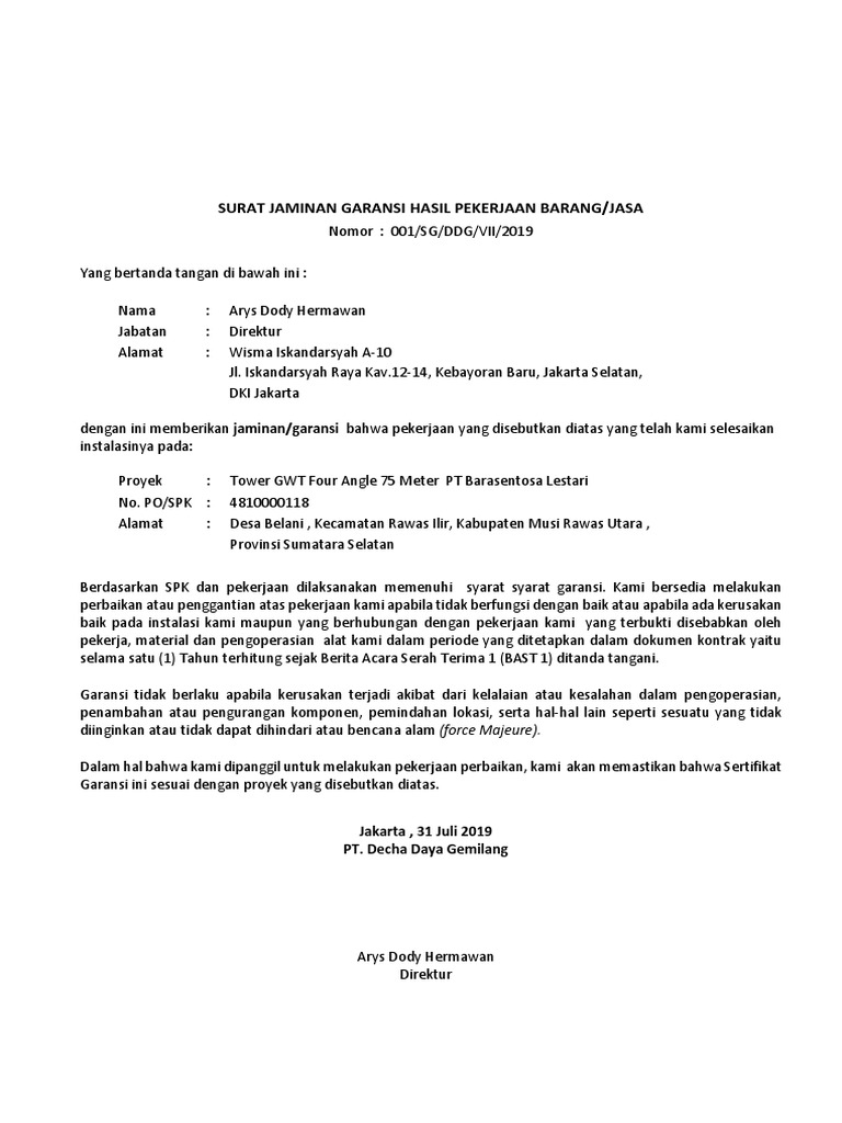 Surat Jaminan Garansi Tower Bsl