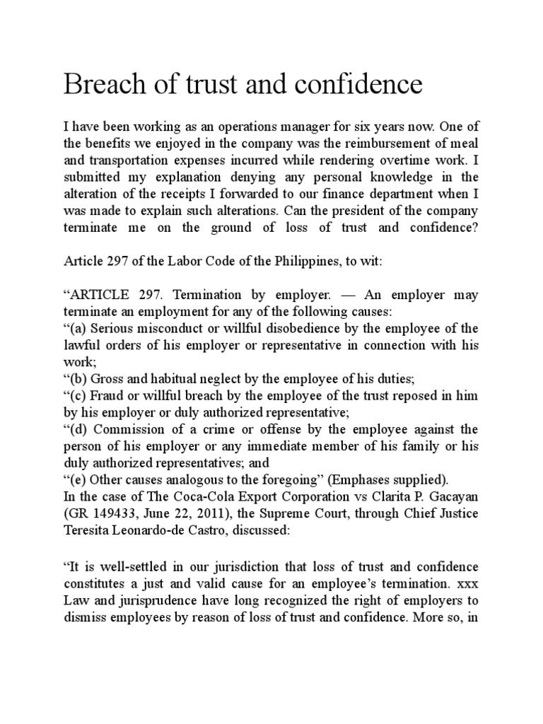 Breach of Trust and Confidence PDF Employment Labour Law