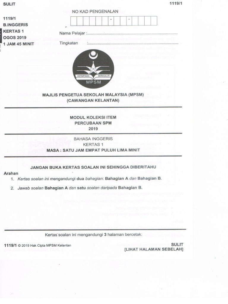 2019 Kelantan Spm Trial Paper 1 Pdf