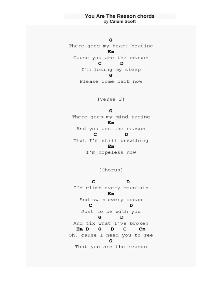 You Are The Reason With Lyrics Chords By Calum Scott Pdf