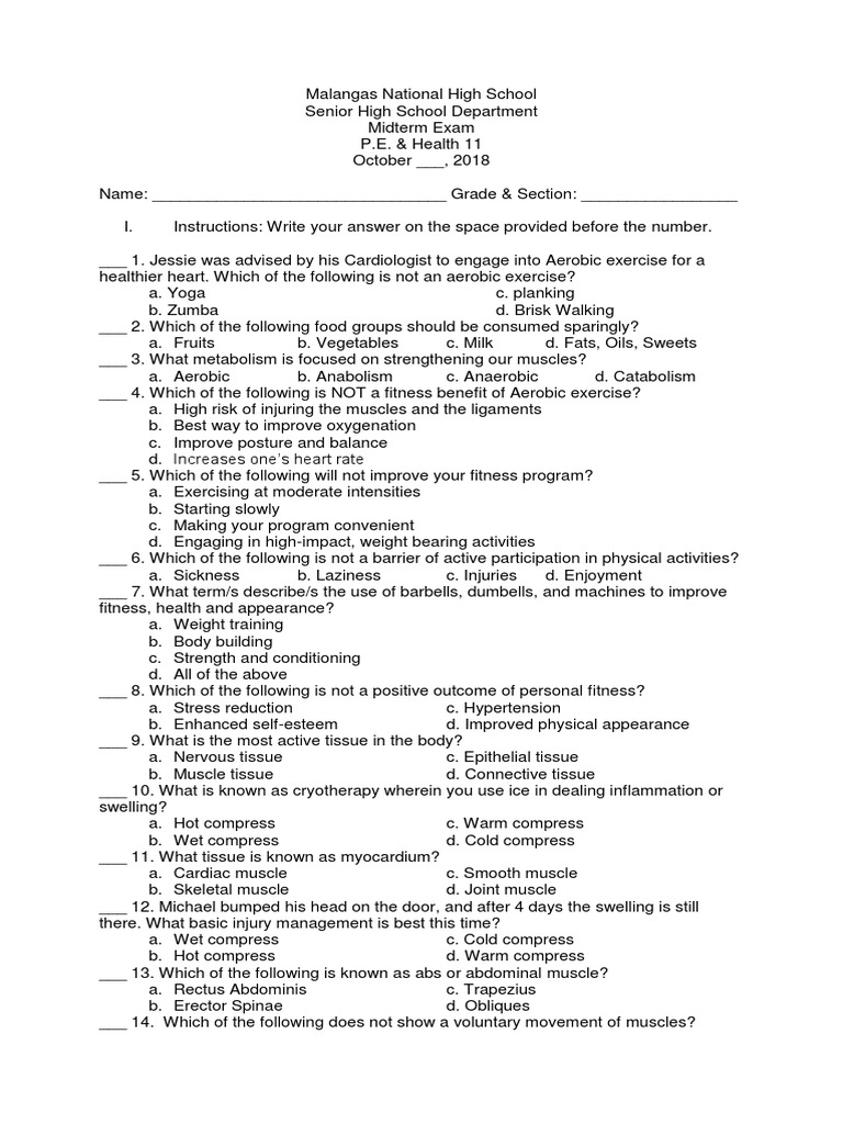 P.E. and Health Final Exam PDF Physical Fitness Aerobic Exercise