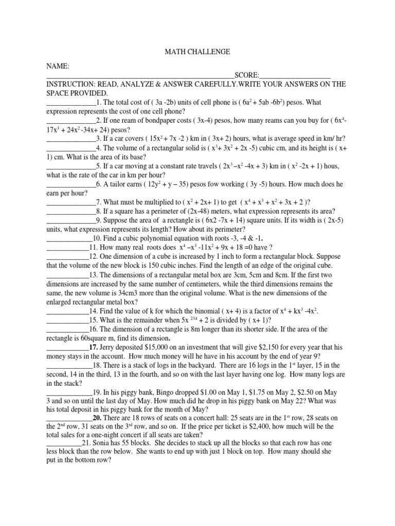 Math challenge worksheet with 35 problems | PDF | Area | Volume