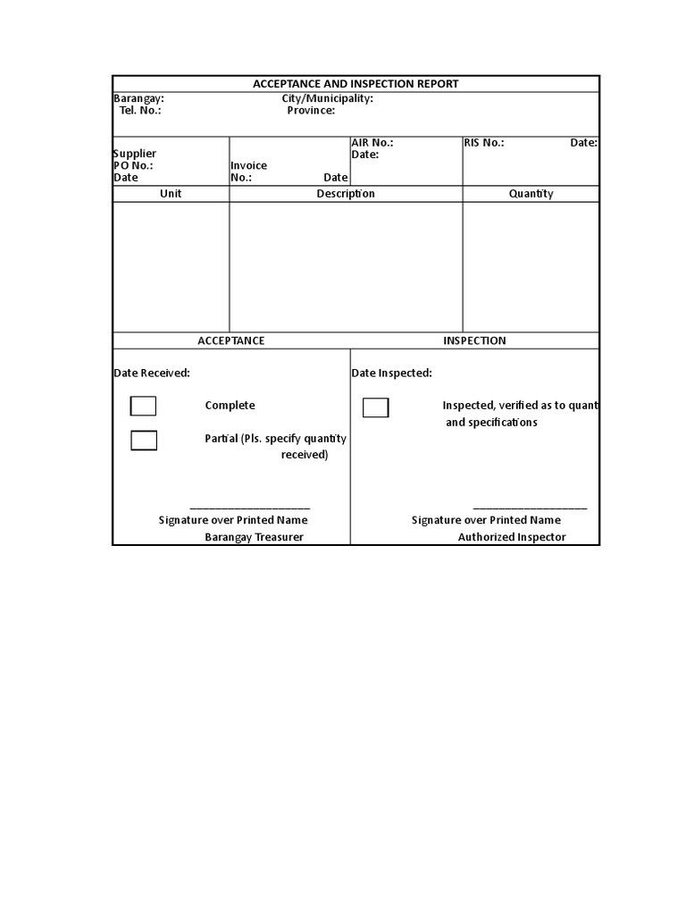 Acceptance and Inspection Report | PDF