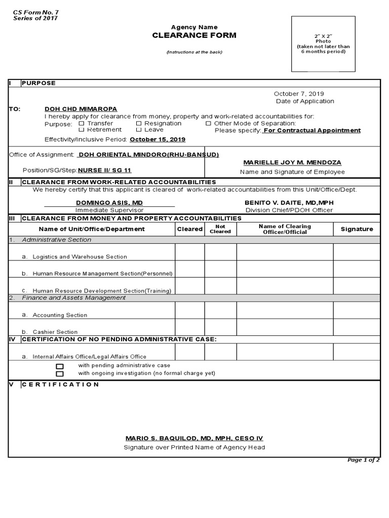 Clearance Form: CS Form No. 7 Series of 2017 | PDF | Social ...