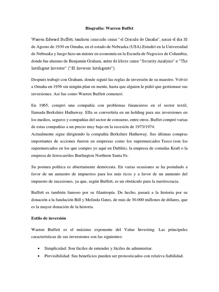 Biografía y consejos de Warren Buffett | PDF | Warren Buffett | Inversiones