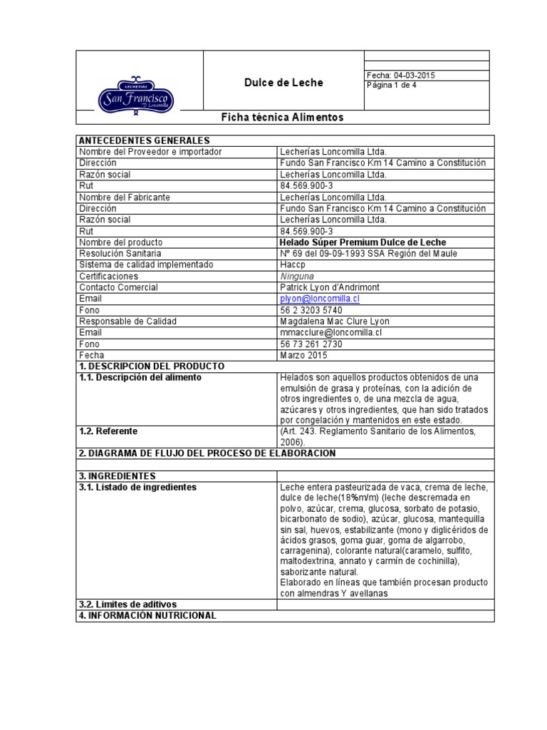 Dulce de Leche Ficha técnica Alimentos Fecha 04032015 Página 1 de 4