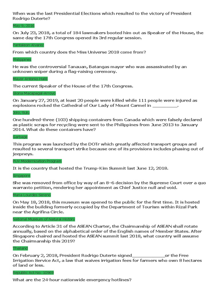 Current Events Quiz PDF Rodrigo Duterte Philippines