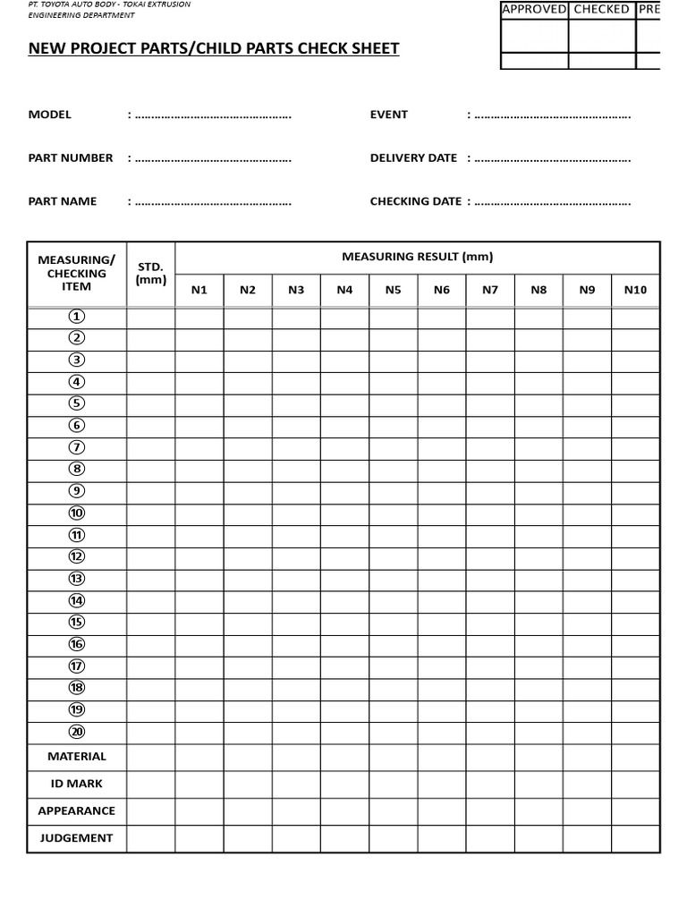 Quality Control Check Sheet for Automotive Parts Production | PDF