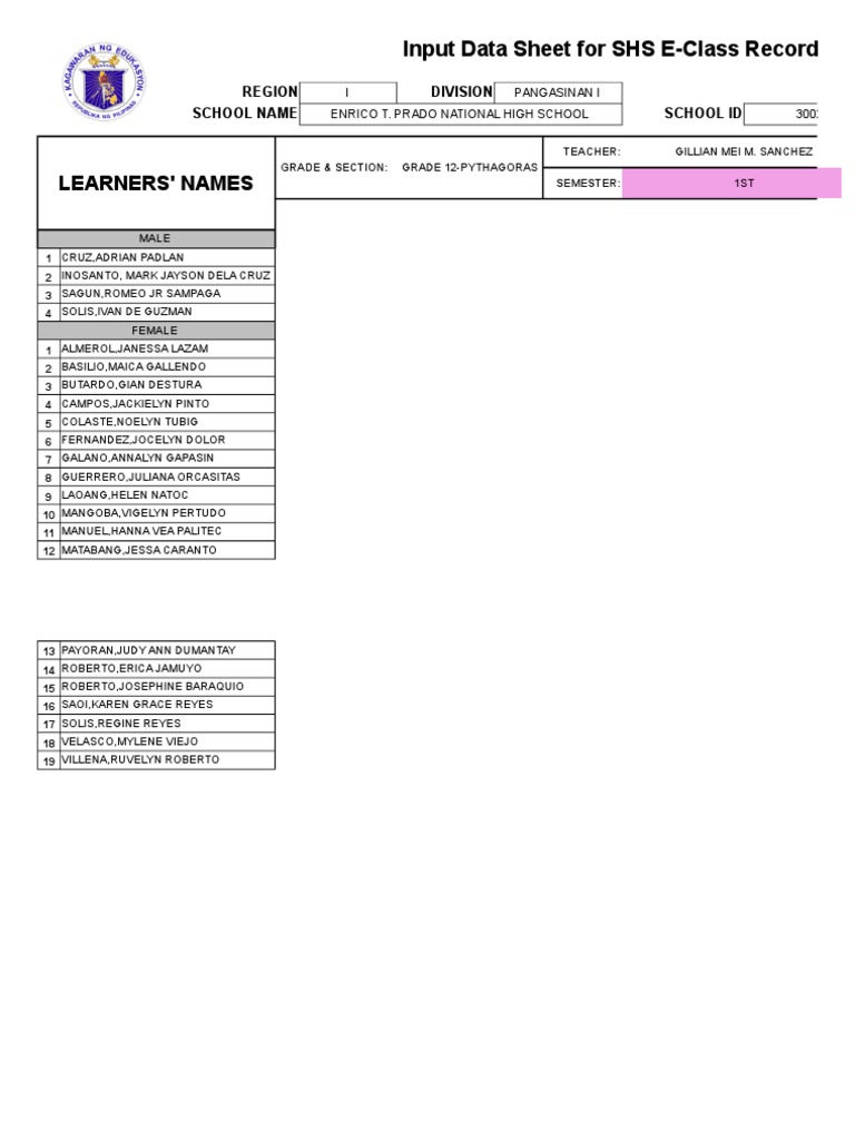 Learners names input data sheet for shs e class record pdf