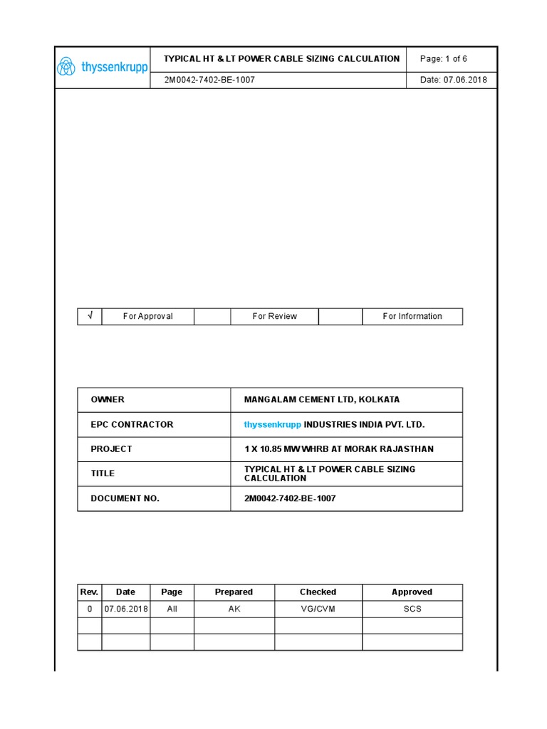 Typical HT & LT Power Cable Sizing Calculation PDF Volt Voltage