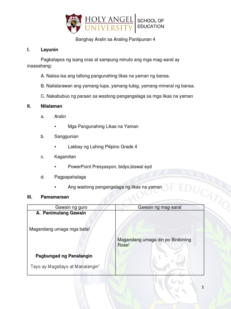 Pangunahing Yaman Ng Bansa Lesson Plan 4 Docx