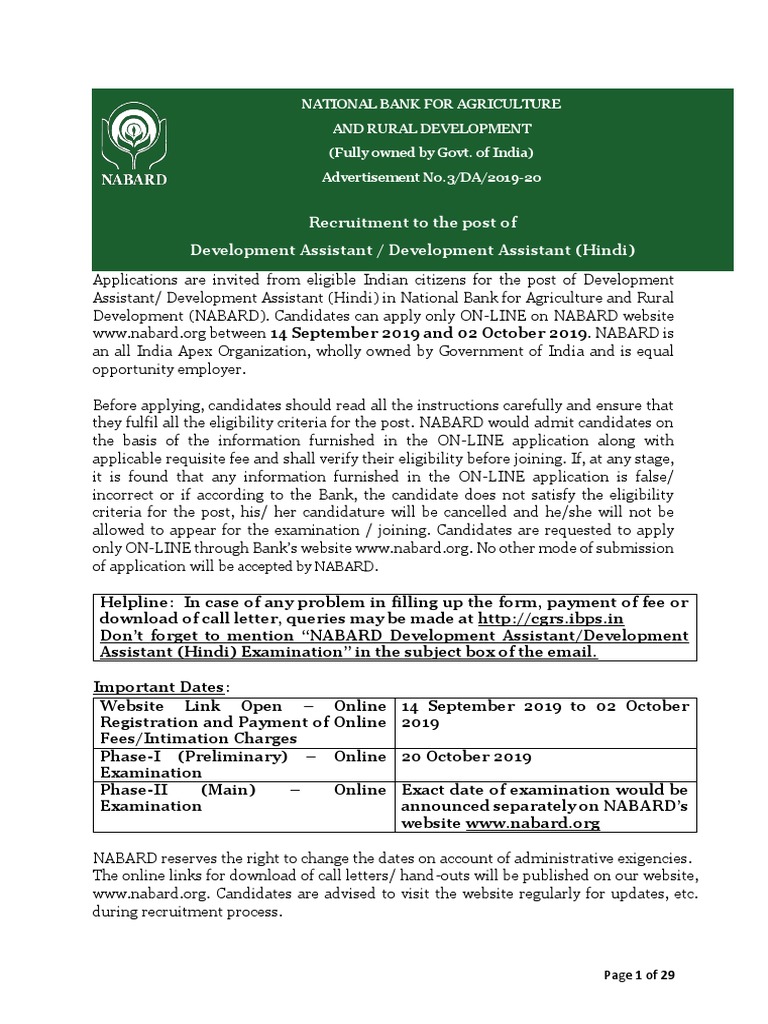 Notification NABARD Development Assistant Posts PDF | PDF | Test ...