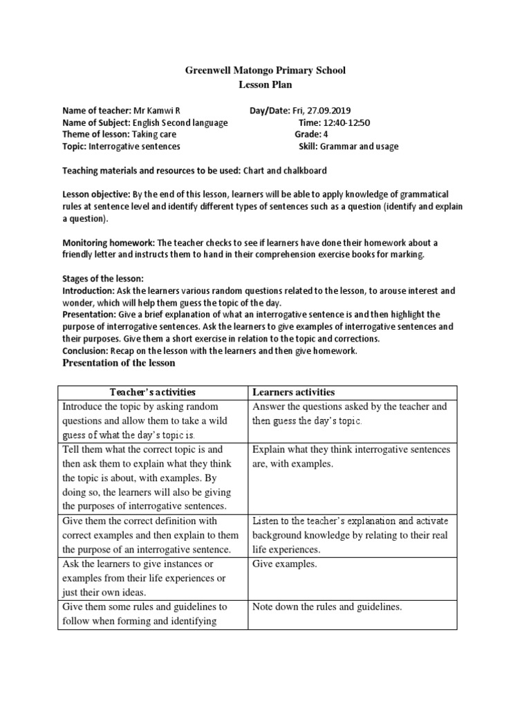 Greenwell Matongo Primary School Lesson Plan | PDF | Question ...