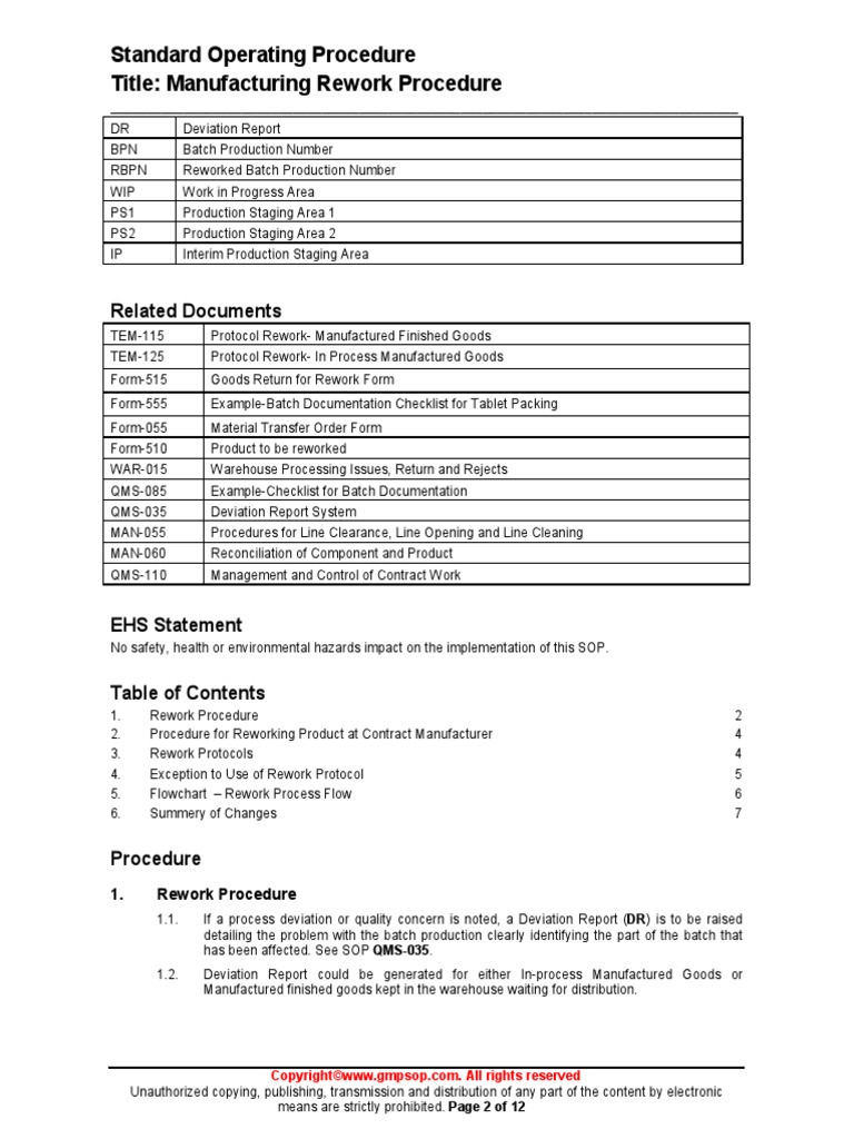 QMS 065 Manufacturing Rework Procedure Sample PDF | PDF | Quality ...
