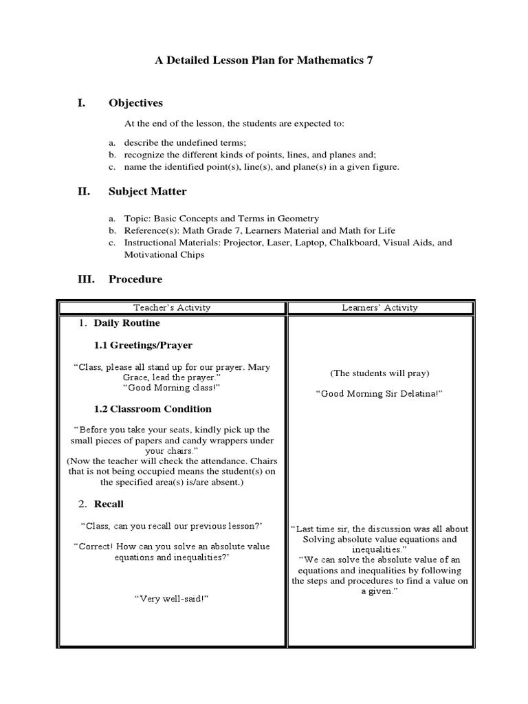 Geometry Basics for Grade 7 Lesson Plan | PDF | Lesson Plan | Area