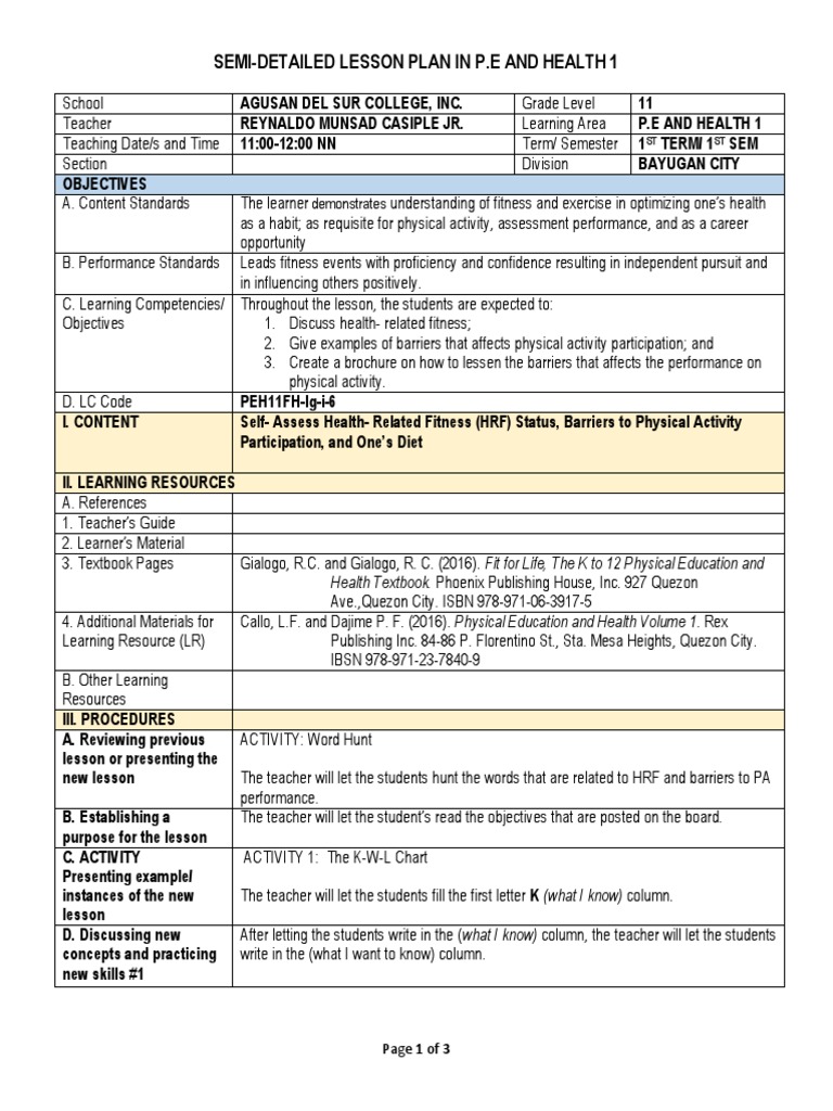 Grade 11 P.E. and Health Lesson Plan | PDF | Lesson Plan | Physical ...
